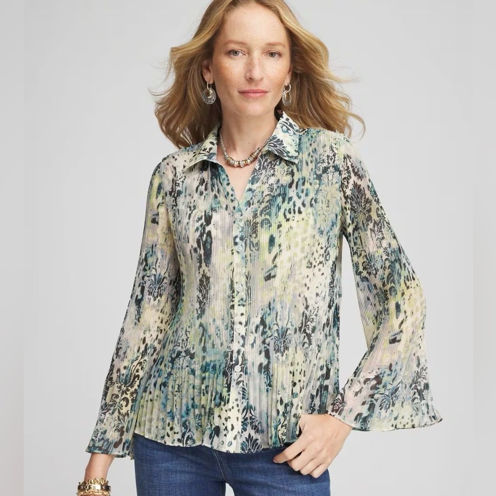 Chicos Animal- Damask Enchanted Forest Pleated Georgette Blouse Size XXL